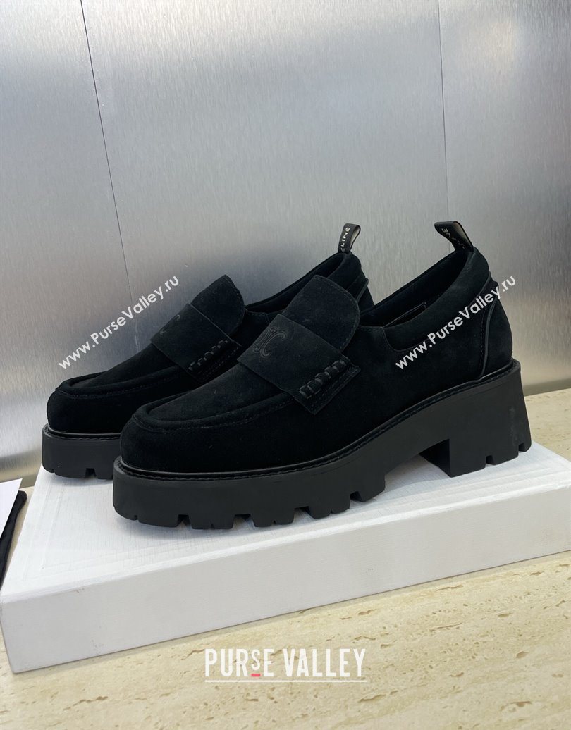 Celine Triomphe Platform Loafers 5cm in Suede with Logo Strap Black 2025 CE102404 (JC-251024057)