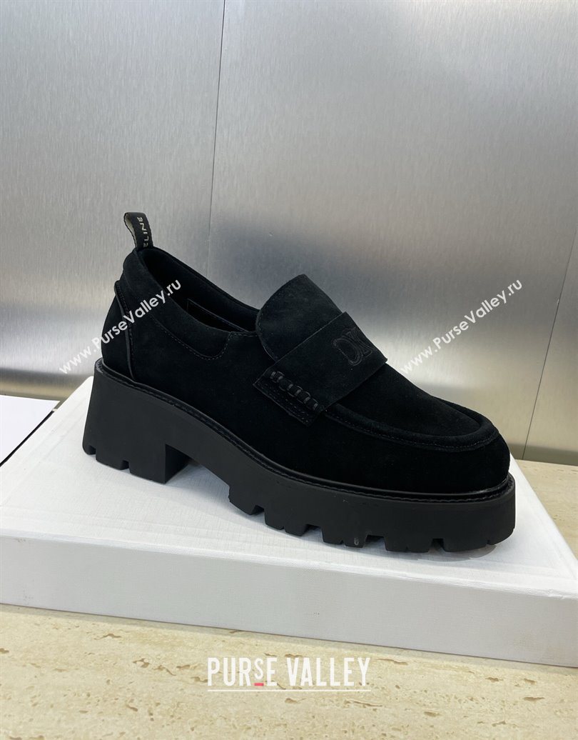 Celine Triomphe Platform Loafers 5cm in Suede with Logo Strap Black 2025 CE102404 (JC-251024057)