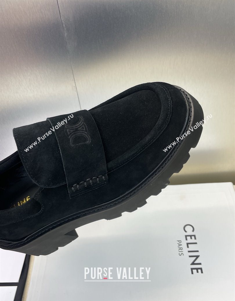 Celine Triomphe Platform Loafers 5cm in Suede with Logo Strap Black 2025 CE102404 (JC-251024057)