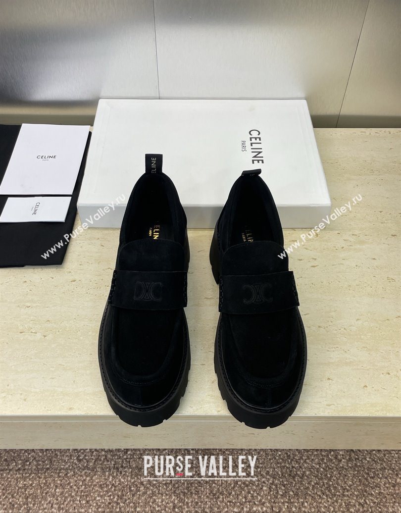 Celine Triomphe Platform Loafers 5cm in Suede with Logo Strap Black 2025 CE102404 (JC-251024057)