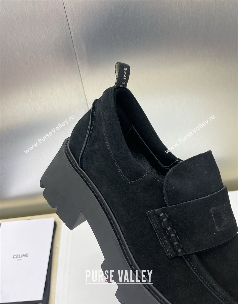 Celine Triomphe Platform Loafers 5cm in Suede with Logo Strap Black 2025 CE102404 (JC-251024057)