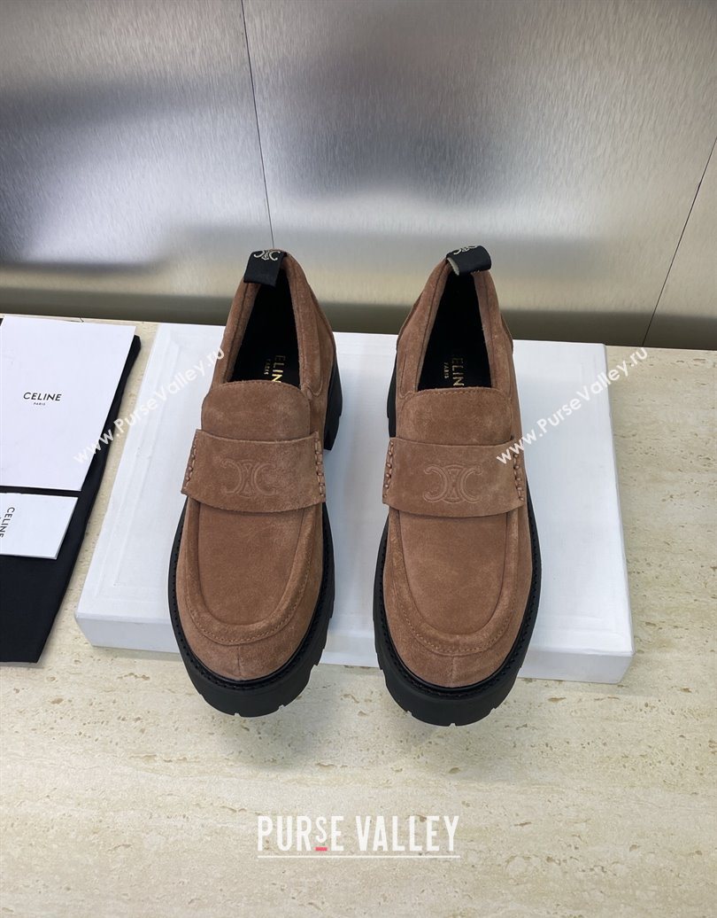 Celine Triomphe Platform Loafers 5cm in Suede with Logo Strap Brown 2025 CE102404 (JC-251024058)