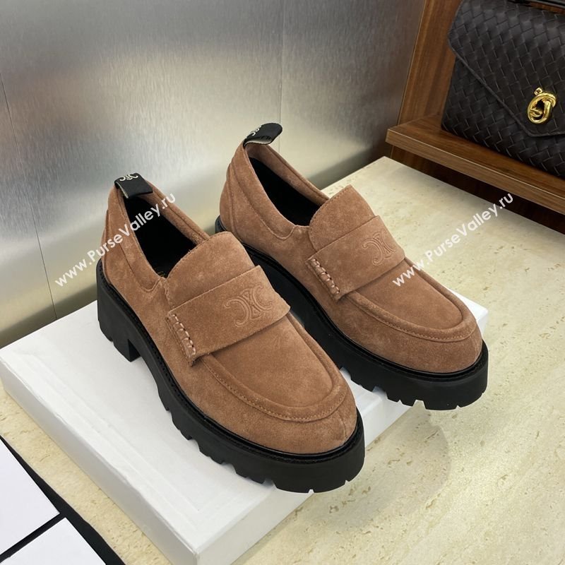 Celine Triomphe Platform Loafers 5cm in Suede with Logo Strap Brown 2025 CE102404 (JC-251024058)