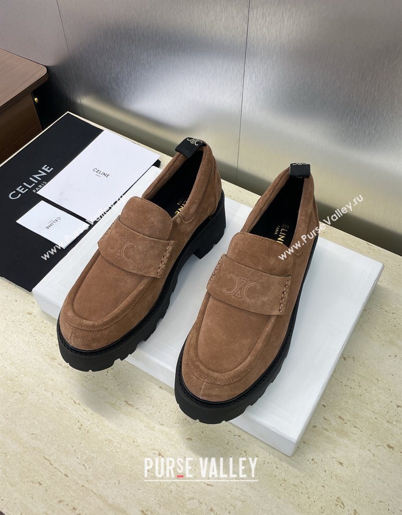 Celine Triomphe Platform Loafers 5cm in Suede with Logo Strap Brown 2025 CE102404 (JC-251024058)