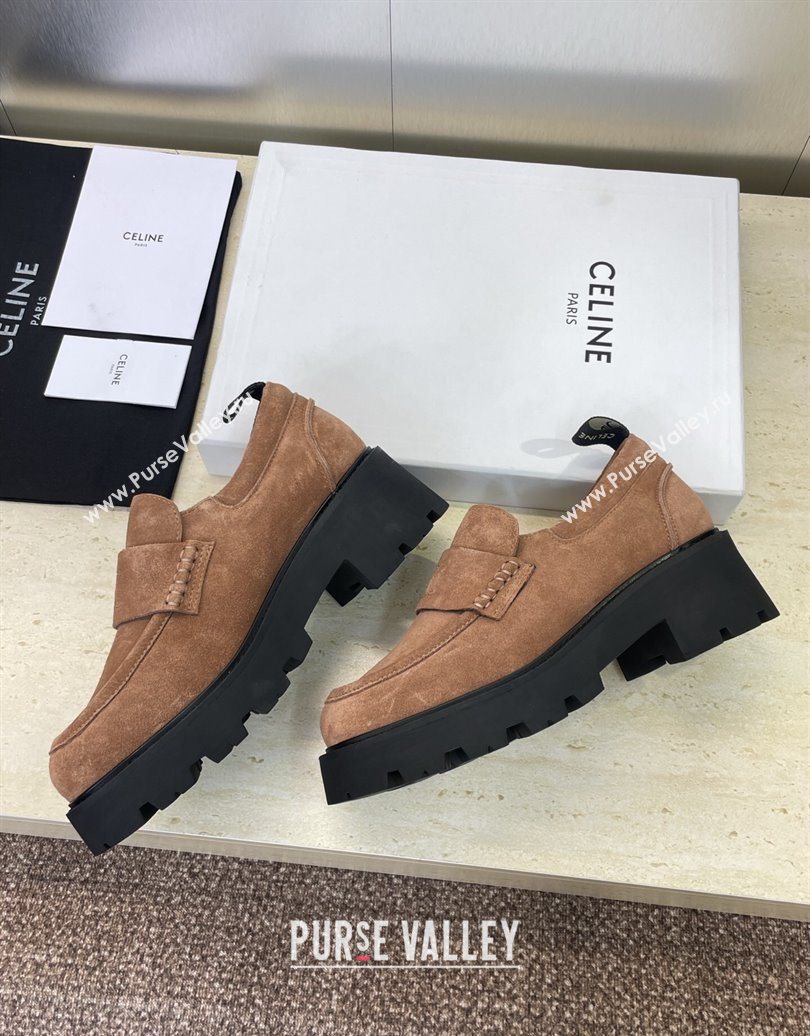 Celine Triomphe Platform Loafers 5cm in Suede with Logo Strap Brown 2025 CE102404 (JC-251024058)