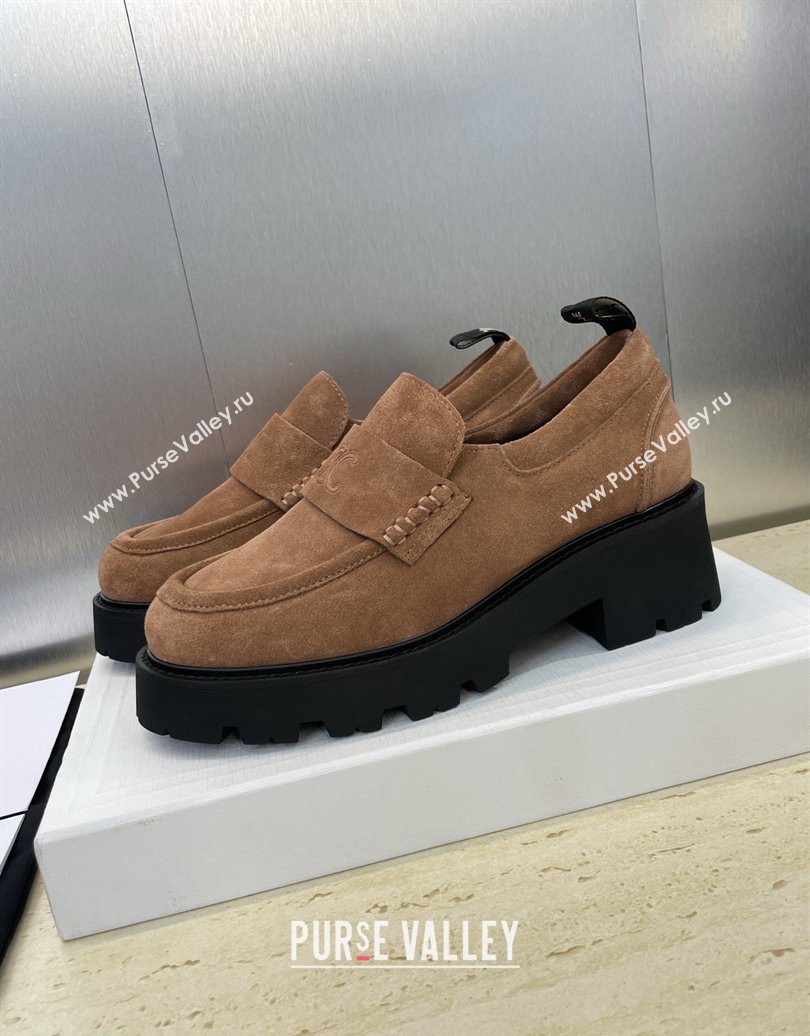 Celine Triomphe Platform Loafers 5cm in Suede with Logo Strap Brown 2025 CE102404 (JC-251024058)