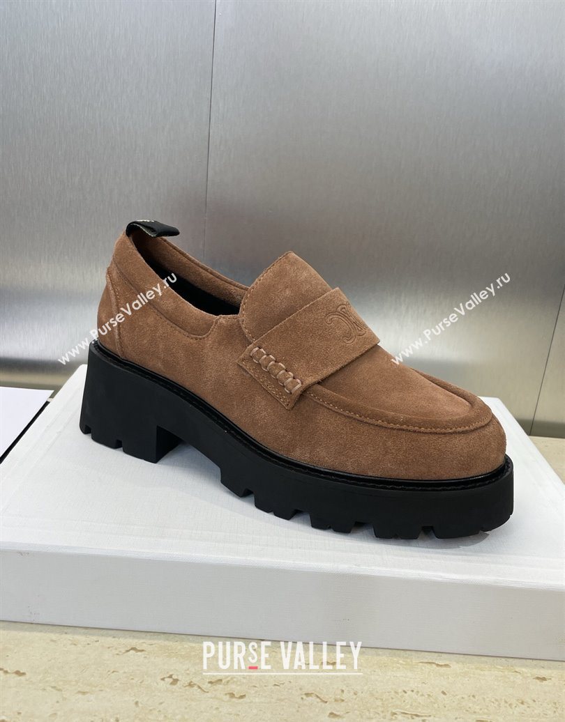 Celine Triomphe Platform Loafers 5cm in Suede with Logo Strap Brown 2025 CE102404 (JC-251024058)