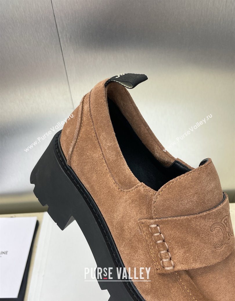 Celine Triomphe Platform Loafers 5cm in Suede with Logo Strap Brown 2025 CE102404 (JC-251024058)