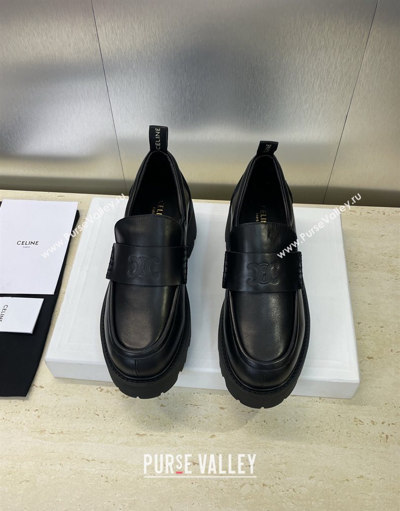 Celine Triomphe Platform Loafers 5cm in Calfskin Leather with Logo Strap Black 2025 CE102404 (JC-251024059)