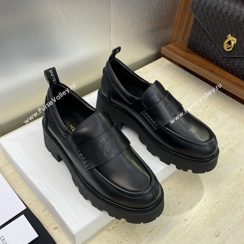 Celine Triomphe Platform Loafers 5cm in Calfskin Leather with Logo Strap Black 2025 CE102404 (JC-251024059)