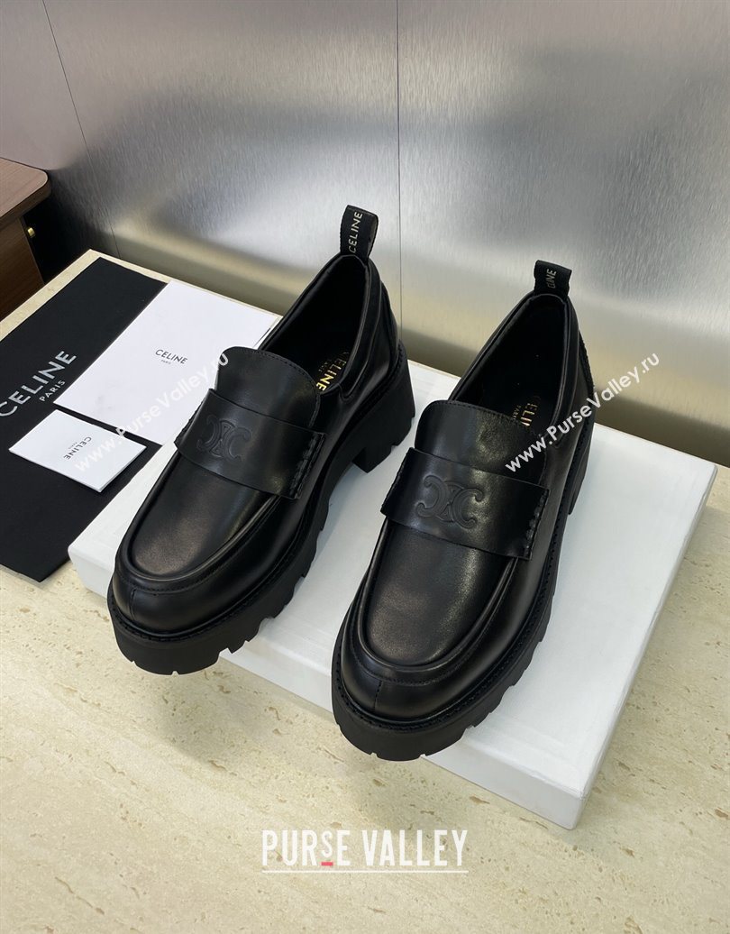 Celine Triomphe Platform Loafers 5cm in Calfskin Leather with Logo Strap Black 2025 CE102404 (JC-251024059)
