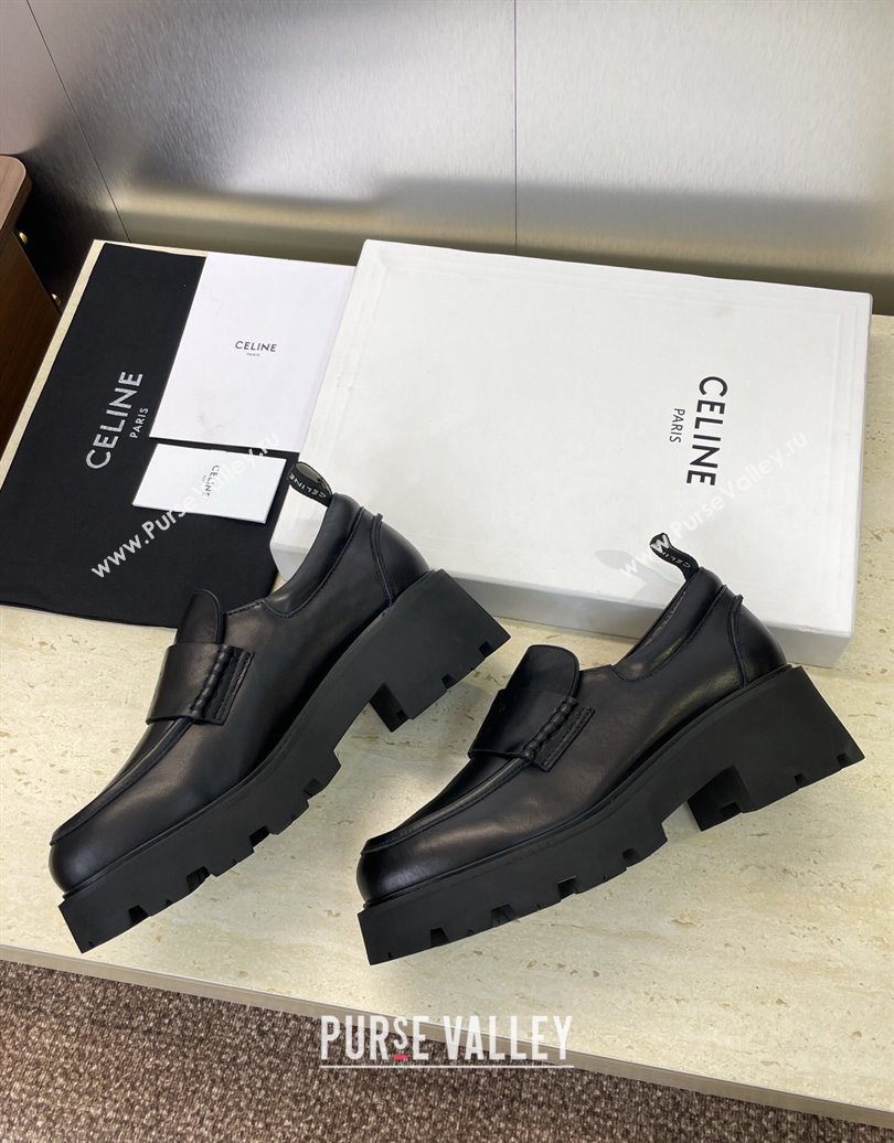 Celine Triomphe Platform Loafers 5cm in Calfskin Leather with Logo Strap Black 2025 CE102404 (JC-251024059)