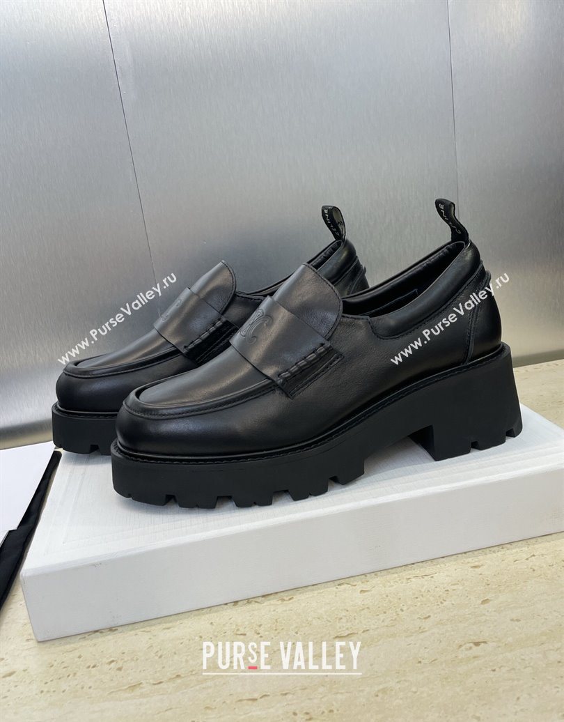 Celine Triomphe Platform Loafers 5cm in Calfskin Leather with Logo Strap Black 2025 CE102404 (JC-251024059)