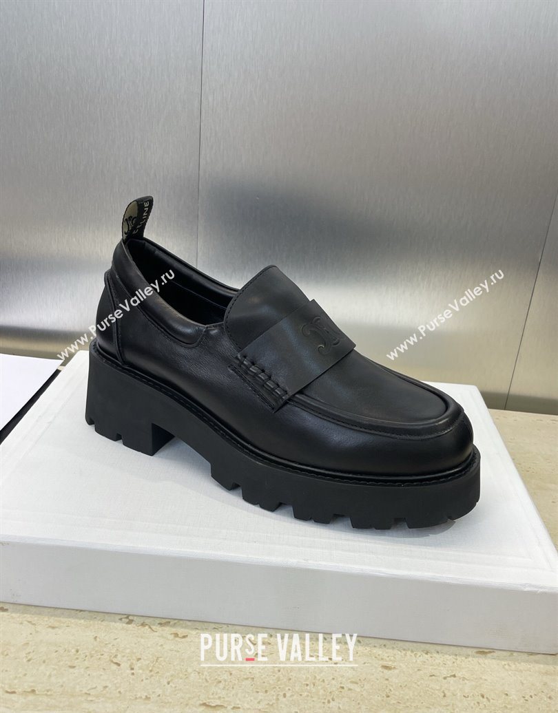 Celine Triomphe Platform Loafers 5cm in Calfskin Leather with Logo Strap Black 2025 CE102404 (JC-251024059)