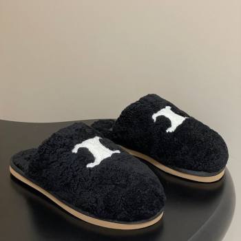 Celine Georgia Flat Slides Sandal in Shearling Black 2025 1024 (MD-251024065)