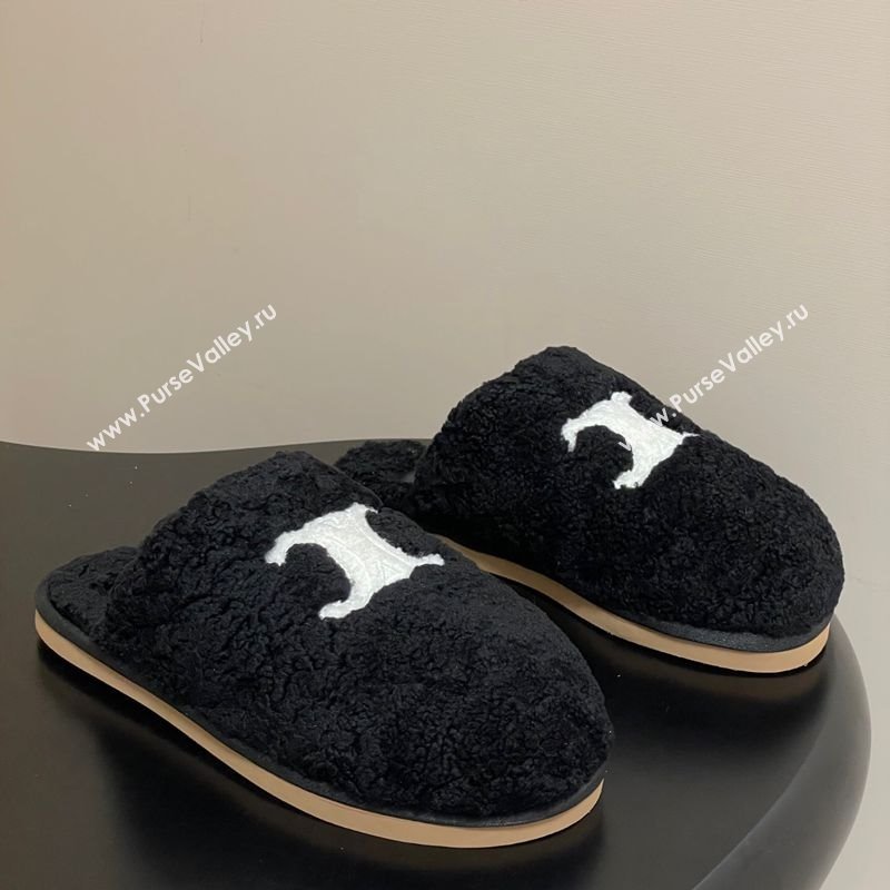 Celine Georgia Flat Slides Sandal in Shearling Black 2025 1024 (MD-251024065)