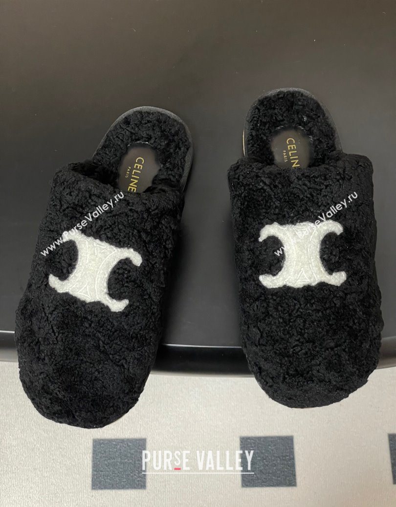 Celine Georgia Flat Slides Sandal in Shearling Black 2025 1024 (MD-251024065)