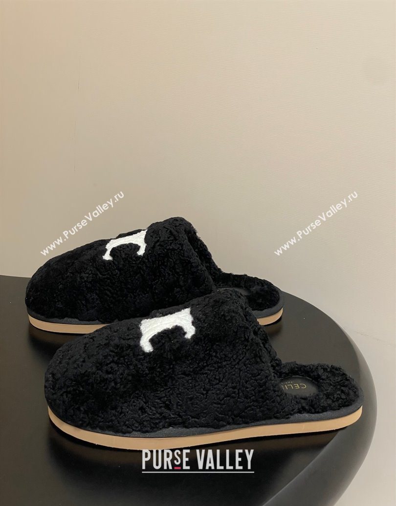 Celine Georgia Flat Slides Sandal in Shearling Black 2025 1024 (MD-251024065)