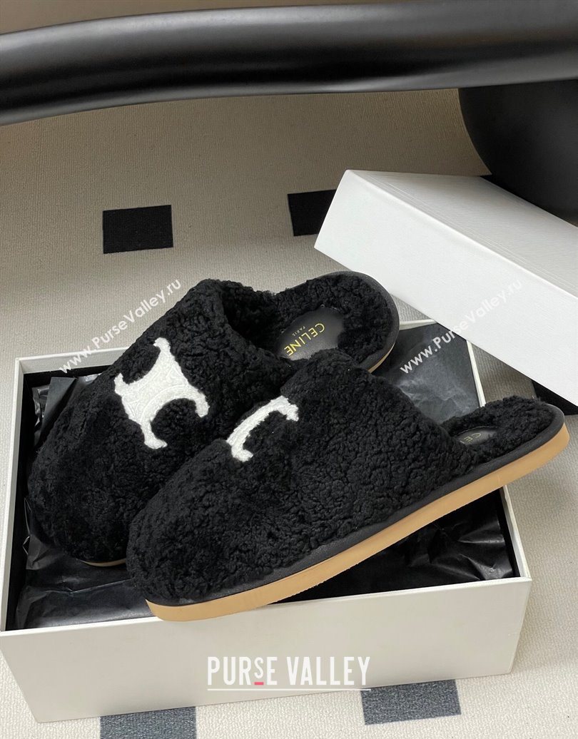 Celine Georgia Flat Slides Sandal in Shearling Black 2025 1024 (MD-251024065)