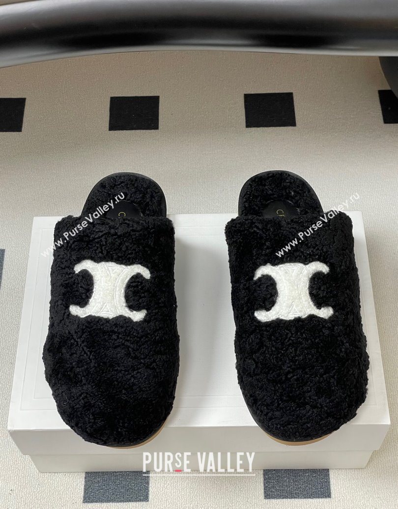 Celine Georgia Flat Slides Sandal in Shearling Black 2025 1024 (MD-251024065)