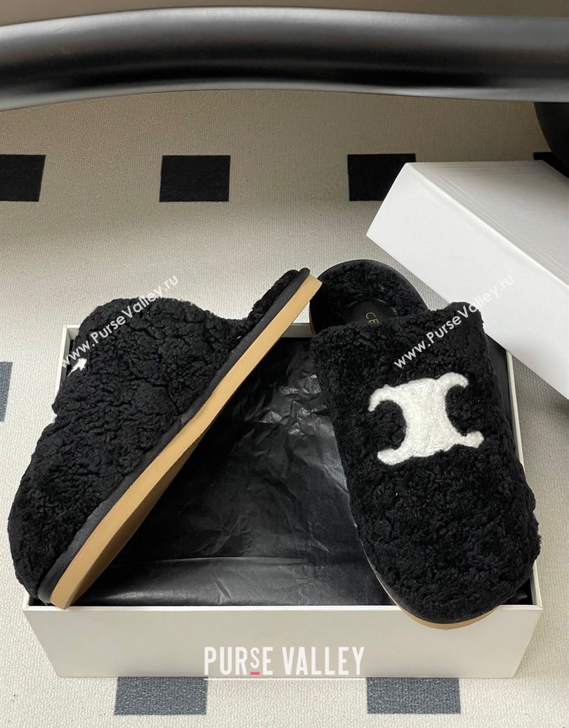Celine Georgia Flat Slides Sandal in Shearling Black 2025 1024 (MD-251024065)