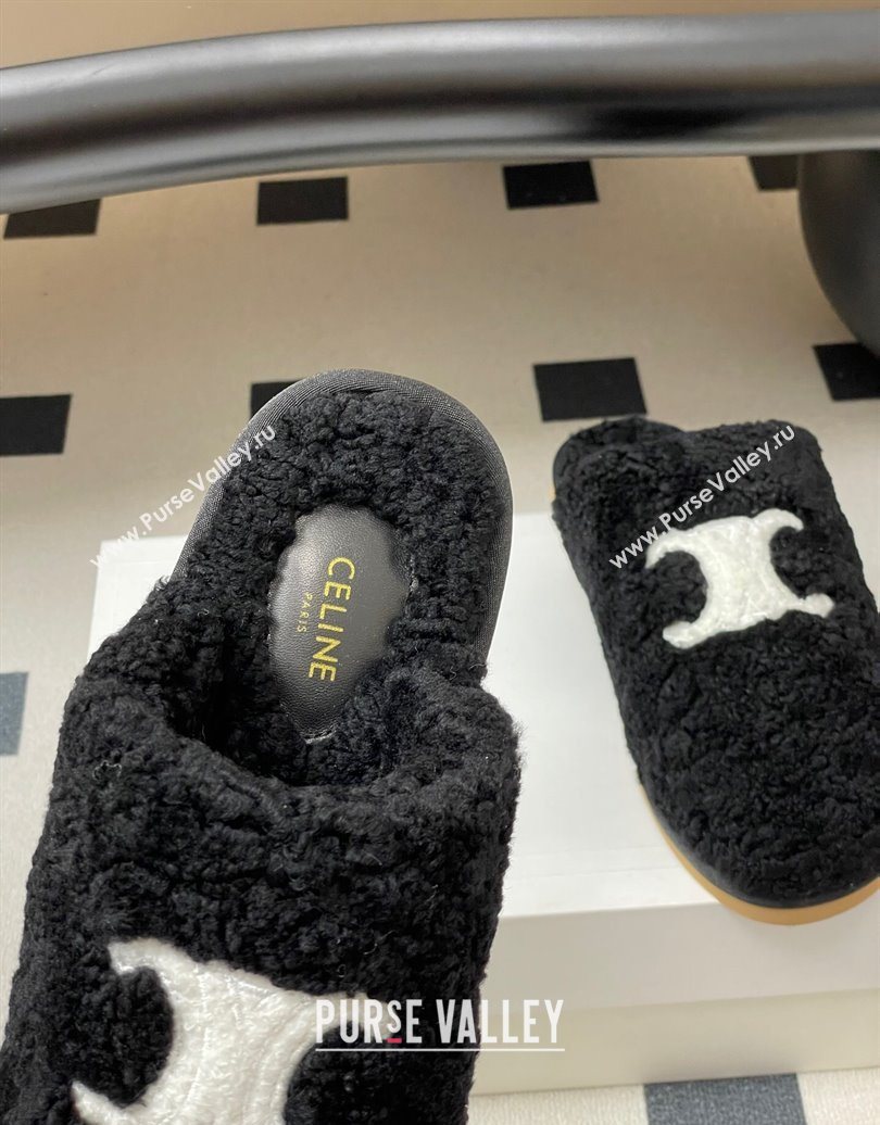 Celine Georgia Flat Slides Sandal in Shearling Black 2025 1024 (MD-251024065)