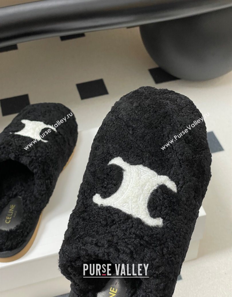 Celine Georgia Flat Slides Sandal in Shearling Black 2025 1024 (MD-251024065)