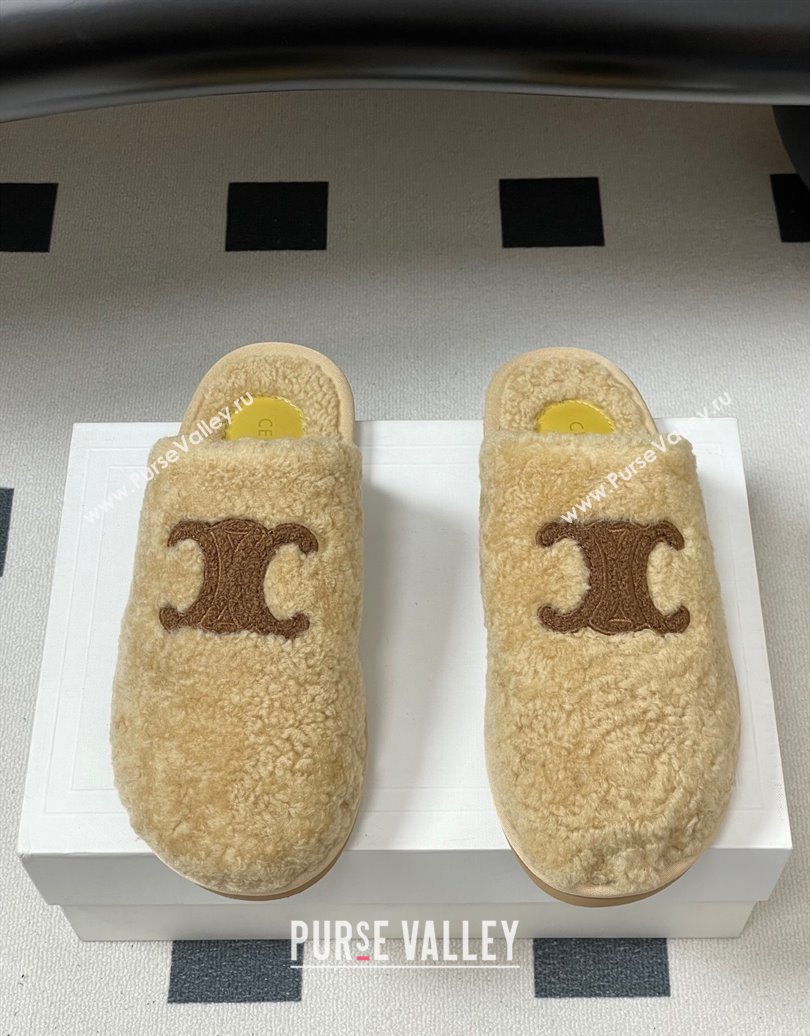 Celine Georgia Flat Slides Sandal in Shearling Beige 2025 1024 (MD-251024066)