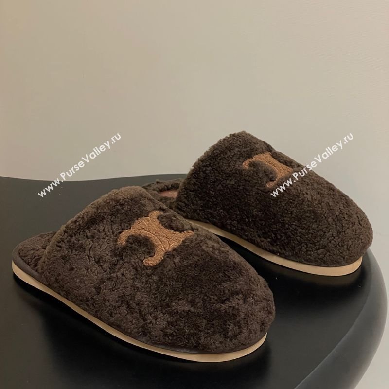 Celine Georgia Flat Slides Sandal in Shearling Dark Brown 2025 1024 (MD-251024067)