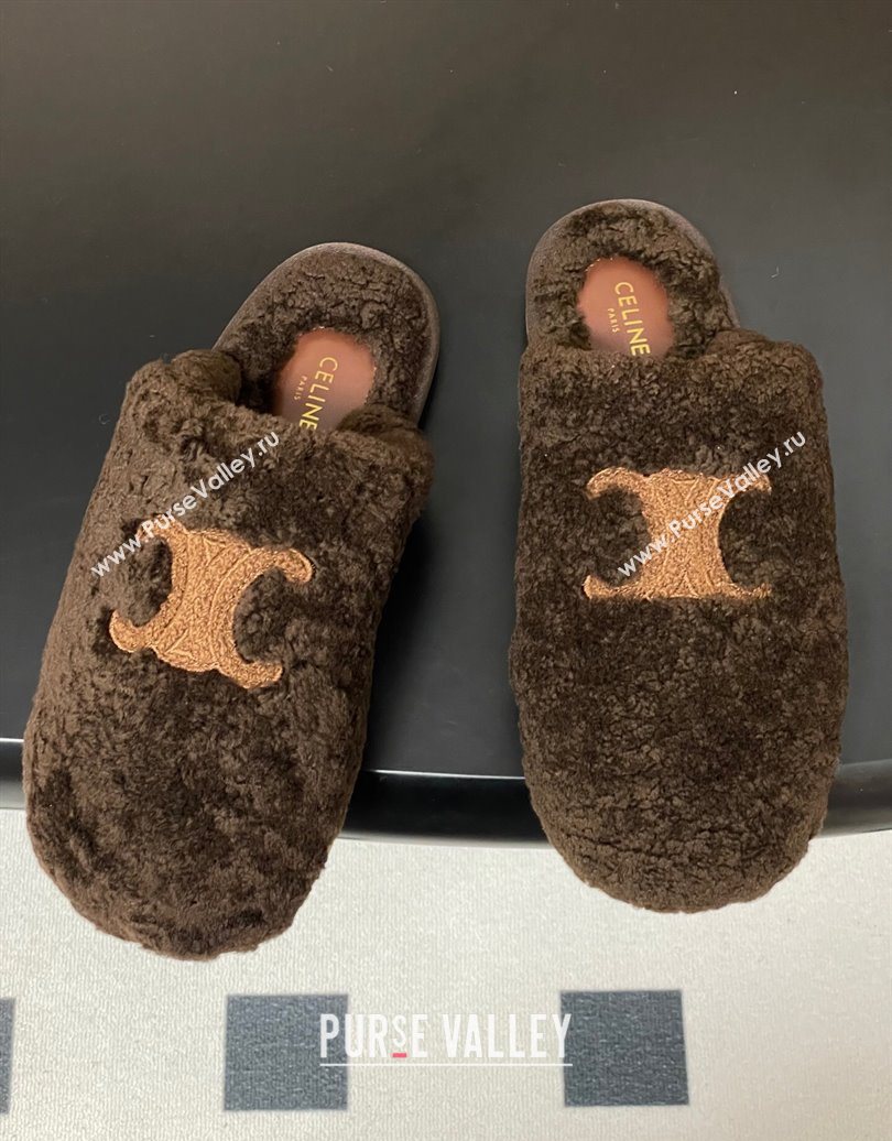 Celine Georgia Flat Slides Sandal in Shearling Dark Brown 2025 1024 (MD-251024067)