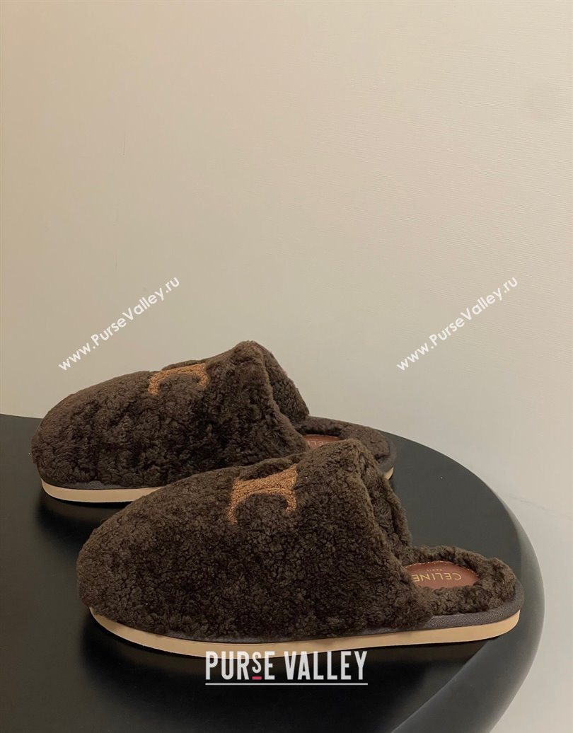 Celine Georgia Flat Slides Sandal in Shearling Dark Brown 2025 1024 (MD-251024067)