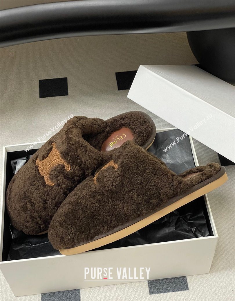Celine Georgia Flat Slides Sandal in Shearling Dark Brown 2025 1024 (MD-251024067)