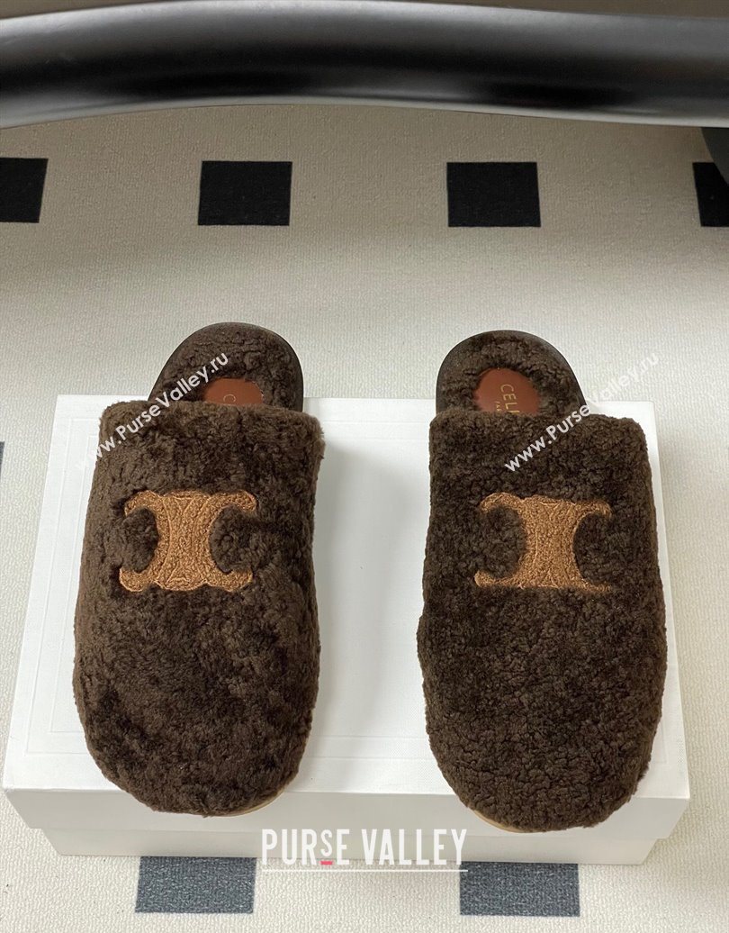 Celine Georgia Flat Slides Sandal in Shearling Dark Brown 2025 1024 (MD-251024067)