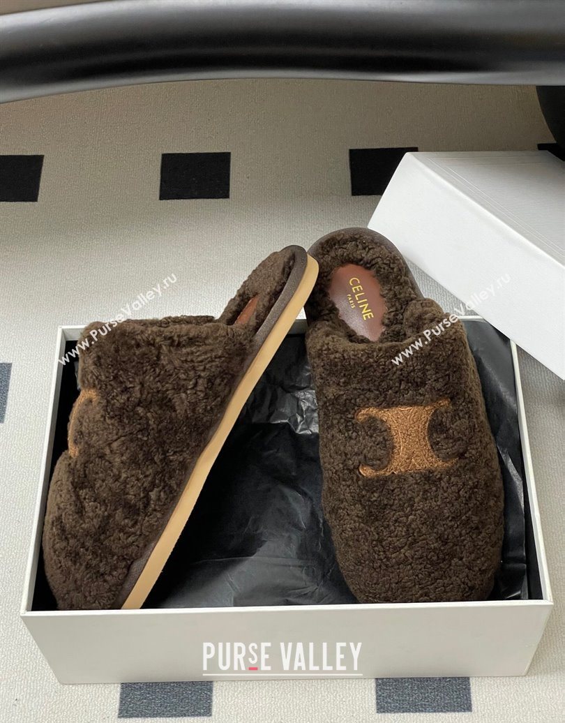 Celine Georgia Flat Slides Sandal in Shearling Dark Brown 2025 1024 (MD-251024067)