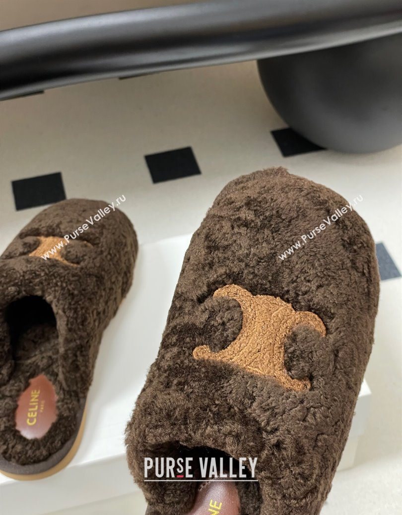 Celine Georgia Flat Slides Sandal in Shearling Dark Brown 2025 1024 (MD-251024067)