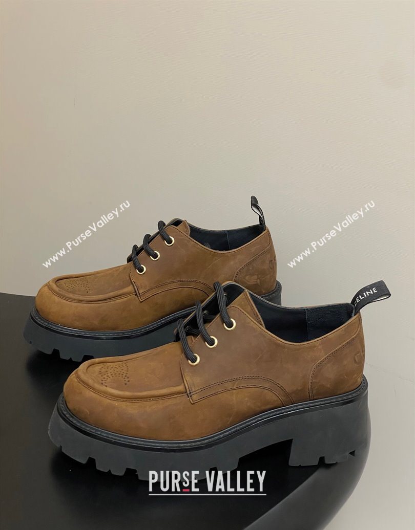 Celine Triomphe Platform Derbies laced-up Shoes 6cm in Suede Brown 2025 CE102405 (MD-251024062)