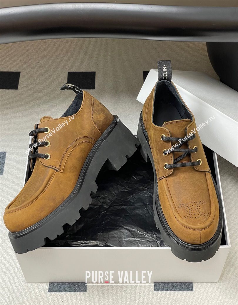 Celine Triomphe Platform Derbies laced-up Shoes 6cm in Suede Brown 2025 CE102405 (MD-251024062)