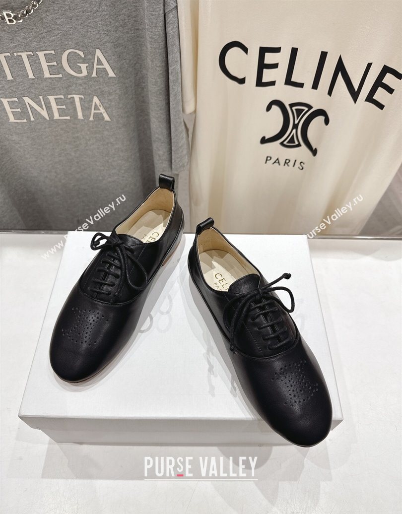 Celine Lise Perforated Triomphe Richelieu Laced-up Shoes in Calfskin Leather Black 2025 (MD-251024028)