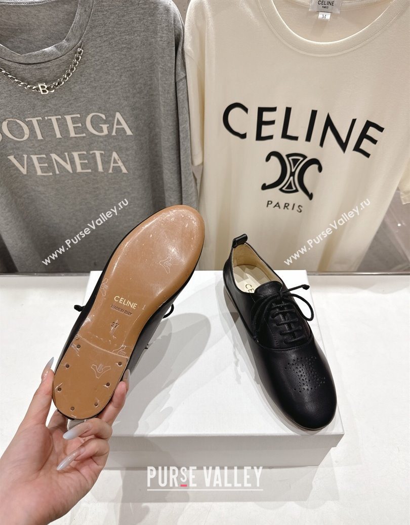 Celine Lise Perforated Triomphe Richelieu Laced-up Shoes in Calfskin Leather Black 2025 (MD-251024028)