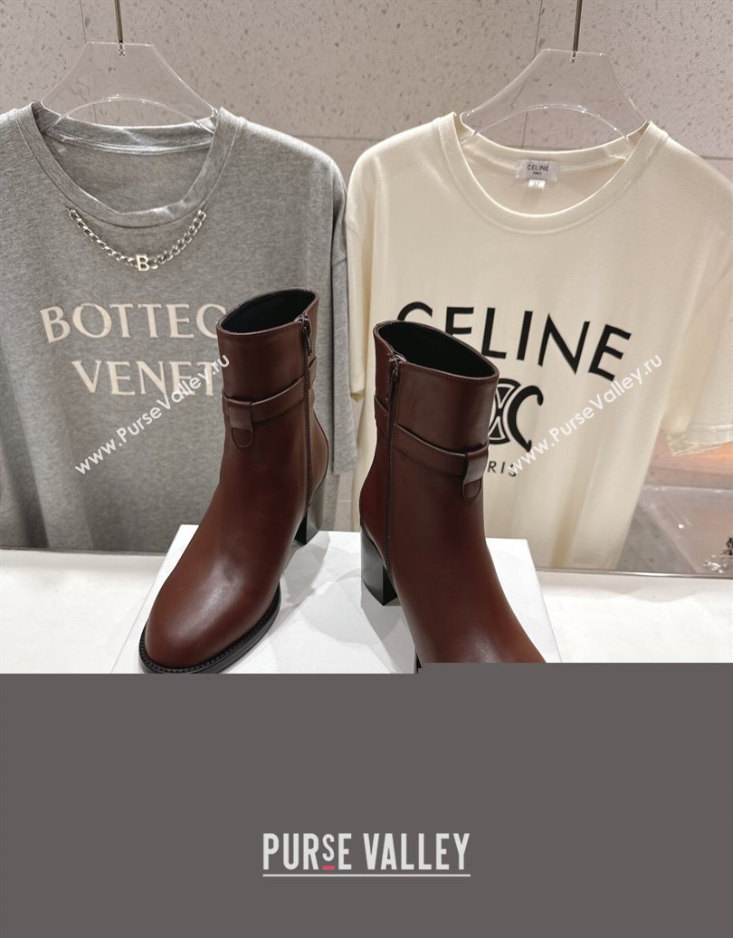Celine Garance Heel Ankle Boots 6.5cm in Calfskin Leather with Triomphe Logo Strap Oak Brown 2025 (MD-251024040)