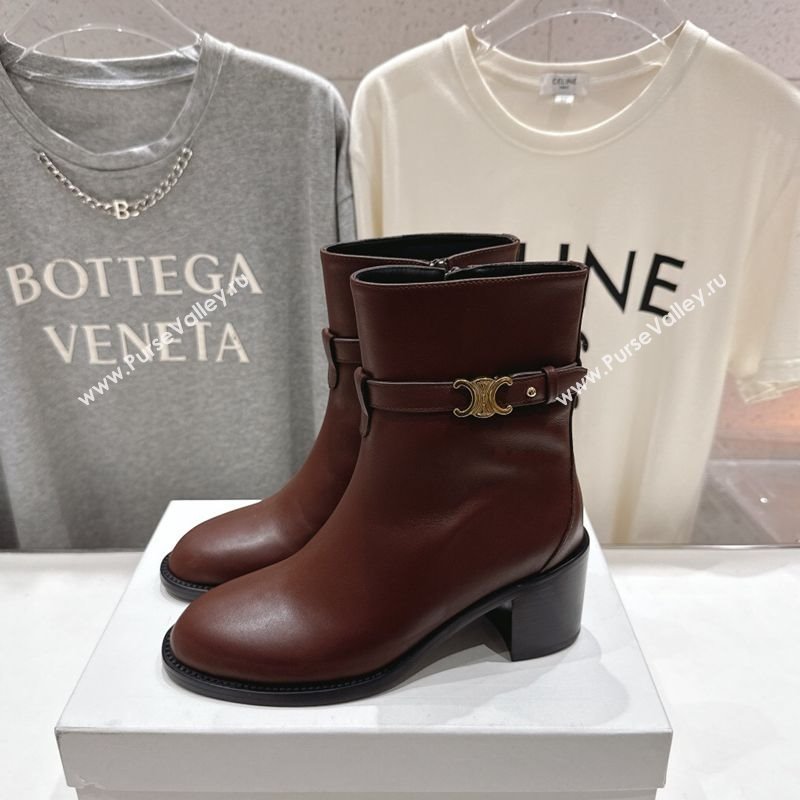 Celine Garance Heel Ankle Boots 6.5cm in Calfskin Leather with Triomphe Logo Strap Oak Brown 2025 (MD-251024040)