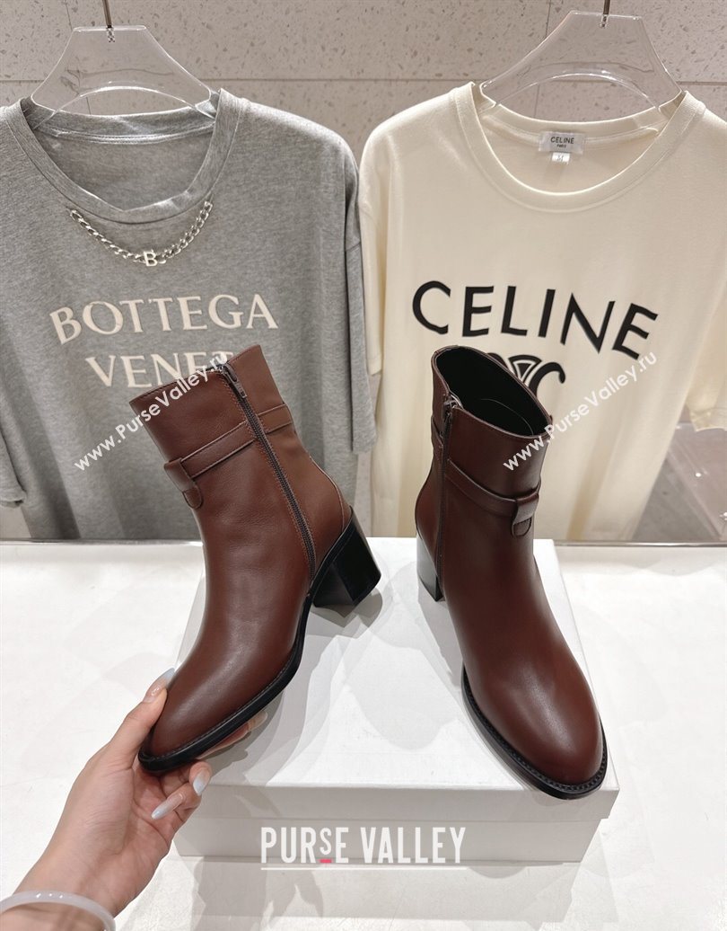 Celine Garance Heel Ankle Boots 6.5cm in Calfskin Leather with Triomphe Logo Strap Oak Brown 2025 (MD-251024040)