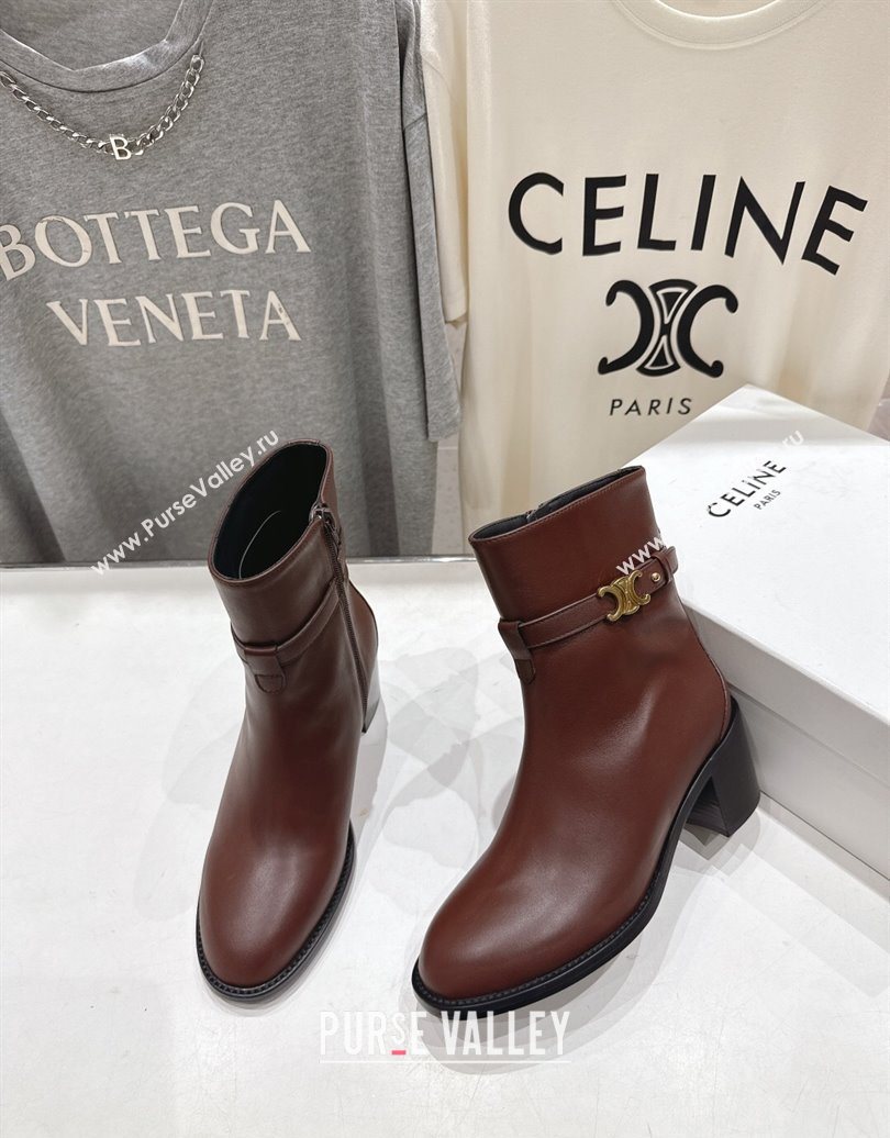 Celine Garance Heel Ankle Boots 6.5cm in Calfskin Leather with Triomphe Logo Strap Oak Brown 2025 (MD-251024040)