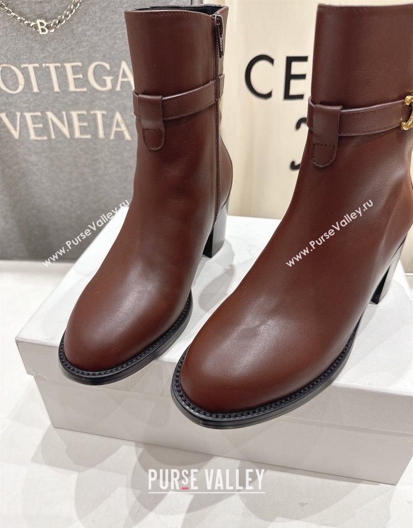 Celine Garance Heel Ankle Boots 6.5cm in Calfskin Leather with Triomphe Logo Strap Oak Brown 2025 (MD-251024040)