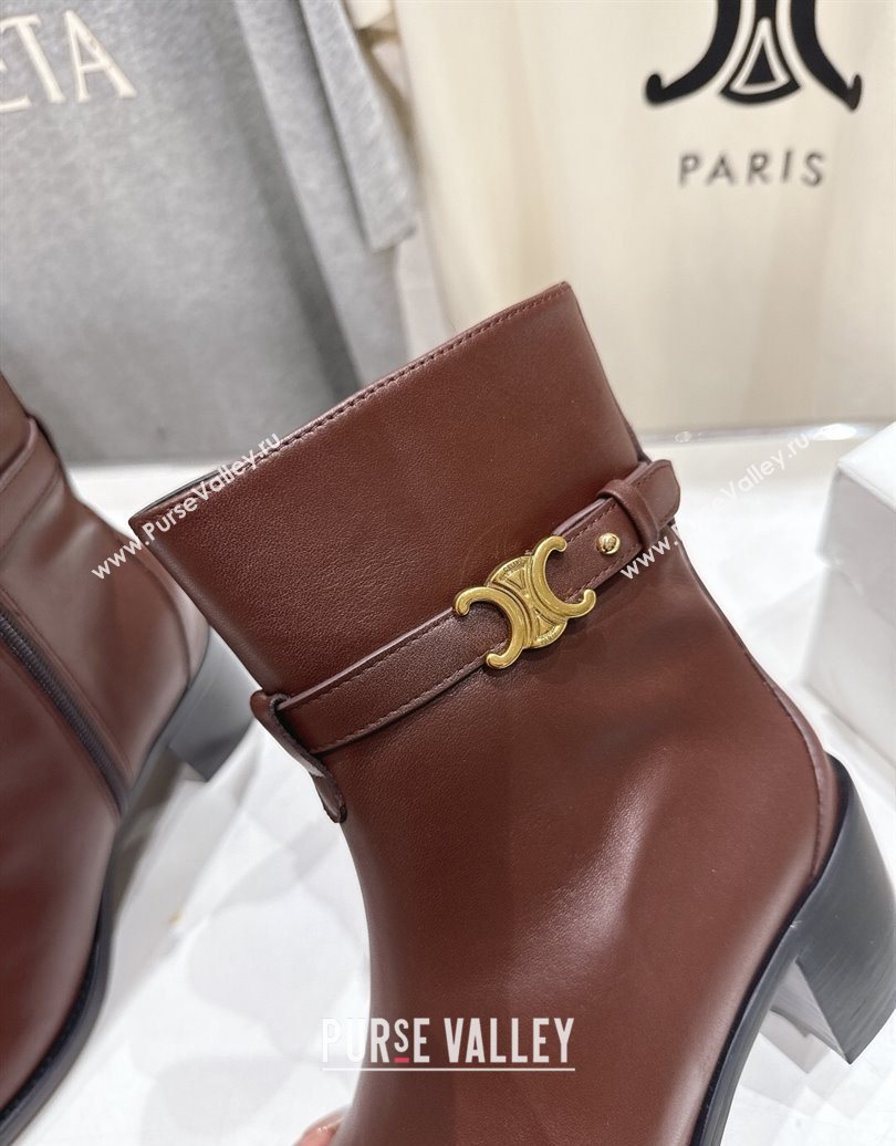 Celine Garance Heel Ankle Boots 6.5cm in Calfskin Leather with Triomphe Logo Strap Oak Brown 2025 (MD-251024040)