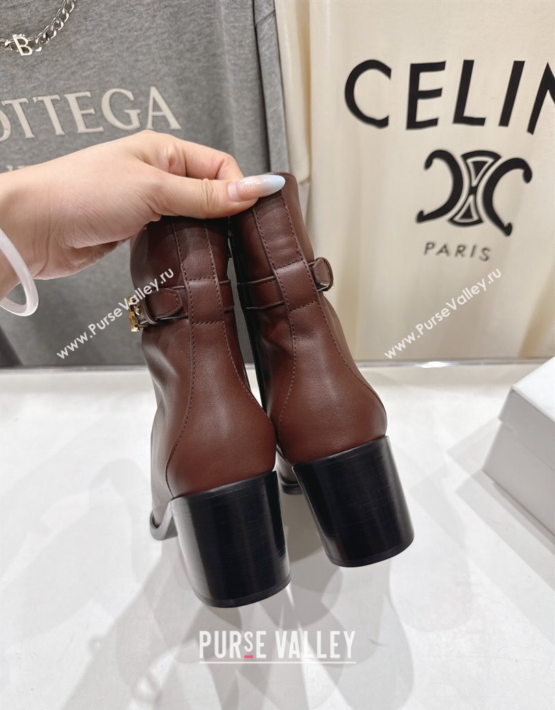 Celine Garance Heel Ankle Boots 6.5cm in Calfskin Leather with Triomphe Logo Strap Oak Brown 2025 (MD-251024040)