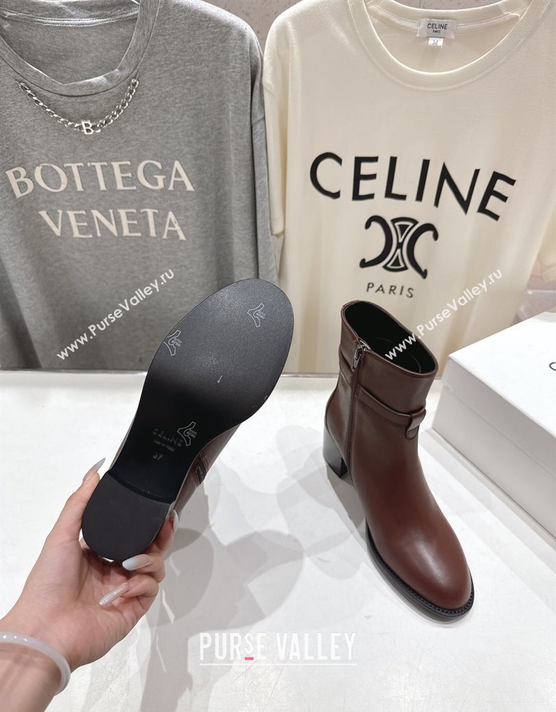 Celine Garance Heel Ankle Boots 6.5cm in Calfskin Leather with Triomphe Logo Strap Oak Brown 2025 (MD-251024040)