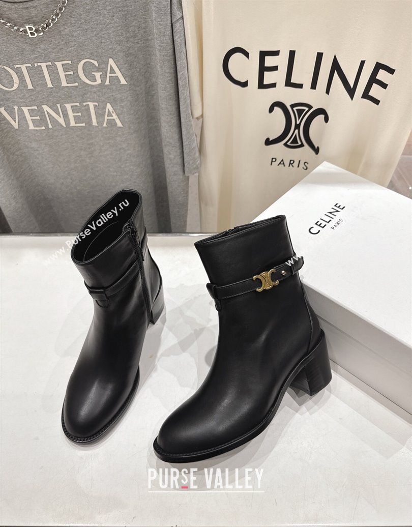 Celine Garance Heel Ankle Boots 6.5cm in Calfskin Leather with Triomphe Logo Strap Black 2025 (MD-251024041)