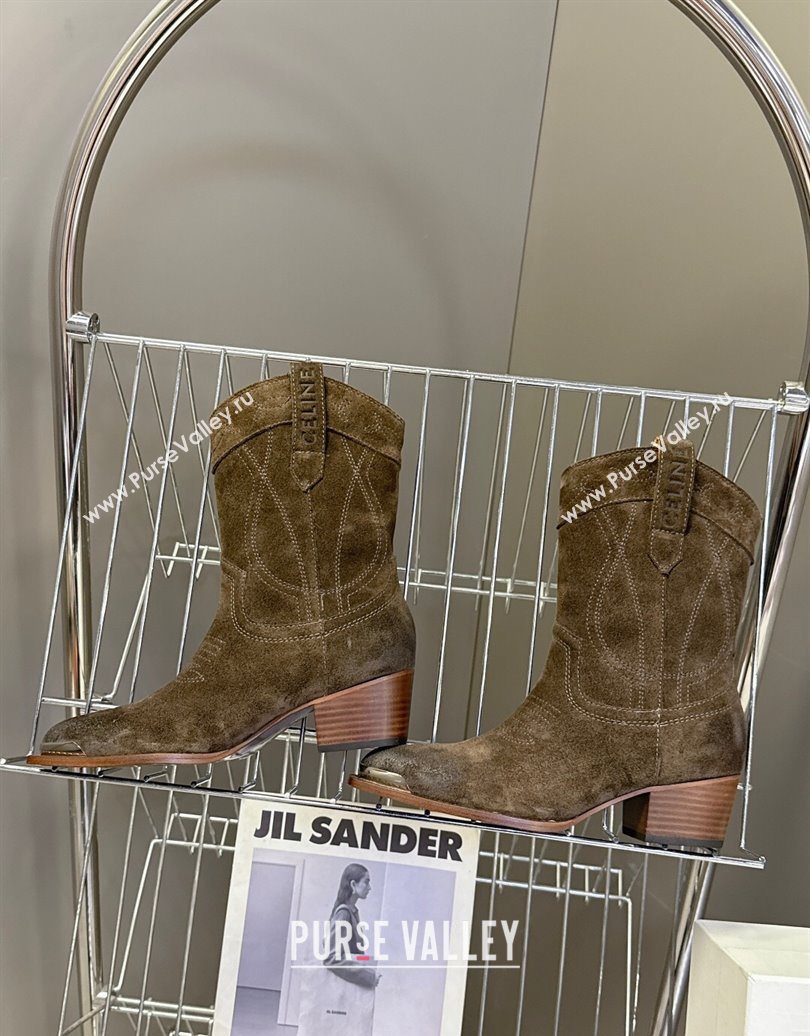 Celine Suede Heel Ankle Boots 5cm Green 2025 CE102401 (MD-251024033)