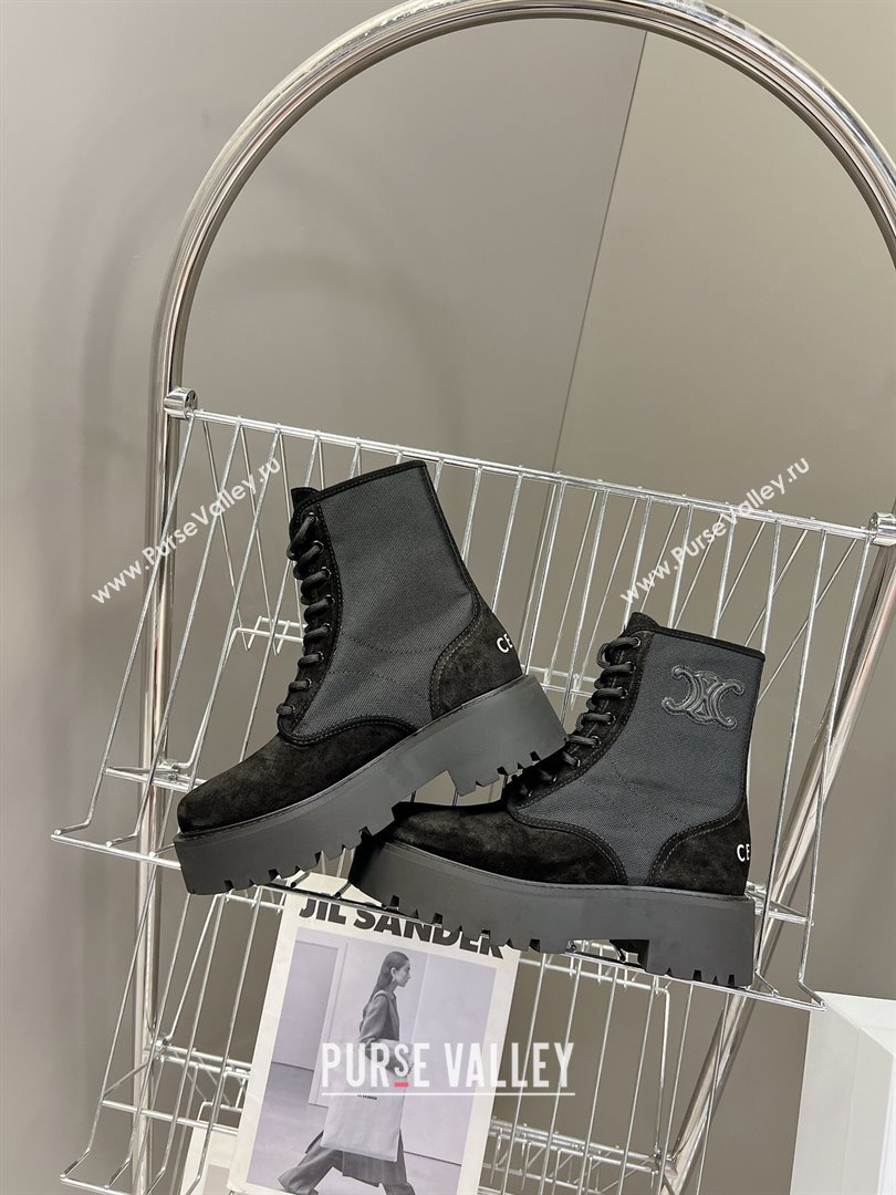 Celine Laced-up Platform Ankle Boots 5cm in Canvas and Calfskin Black 2025 CE102402 (MD-251024045)